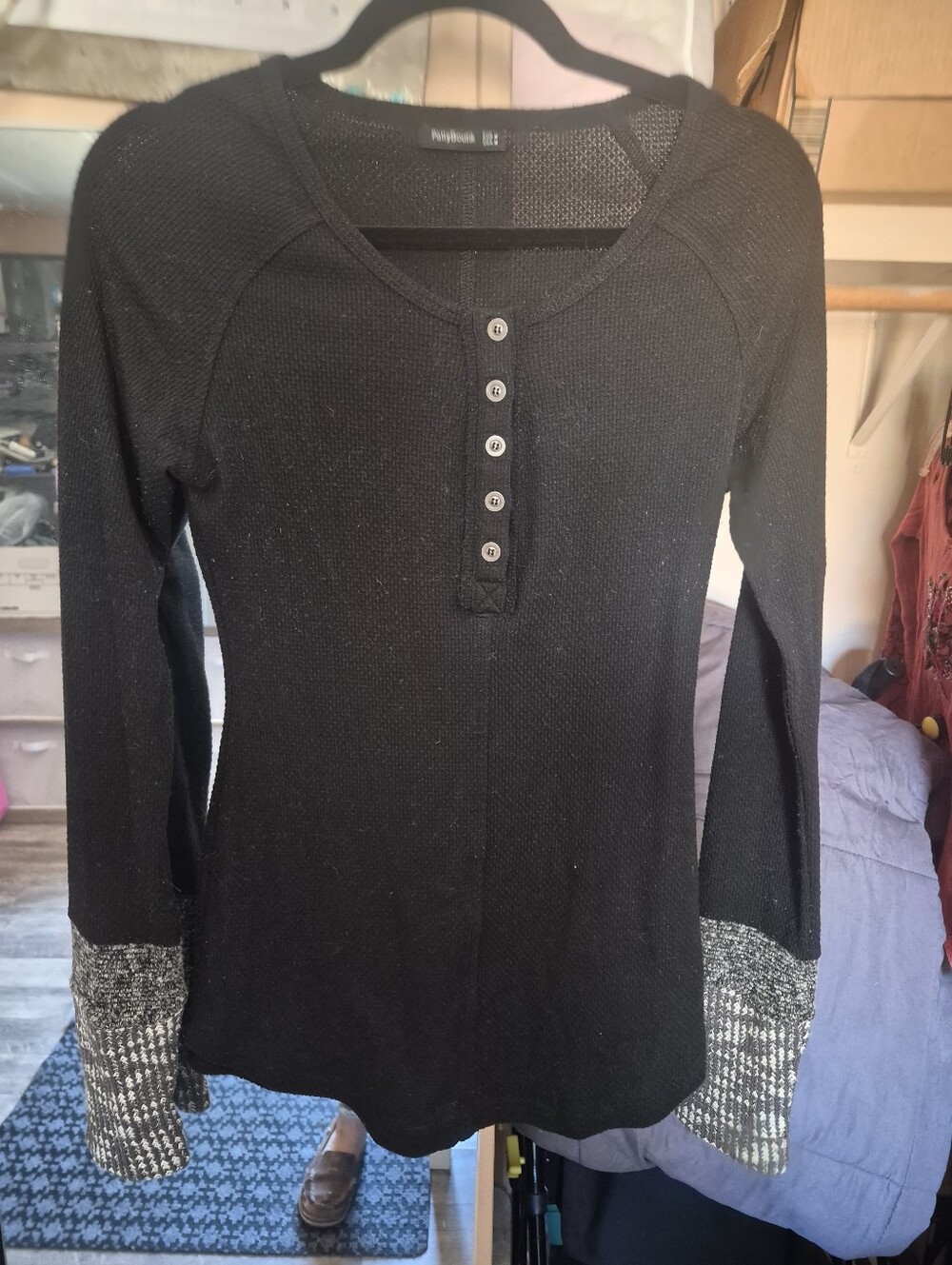 Black Long-Sleeve Henley with Marled Gray Contrast Cuffs